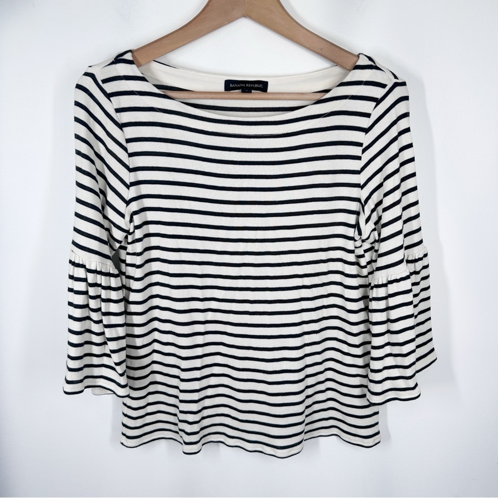 Banana Republic Black and White Striped Top Size Small Bell 3/4 Sleeves